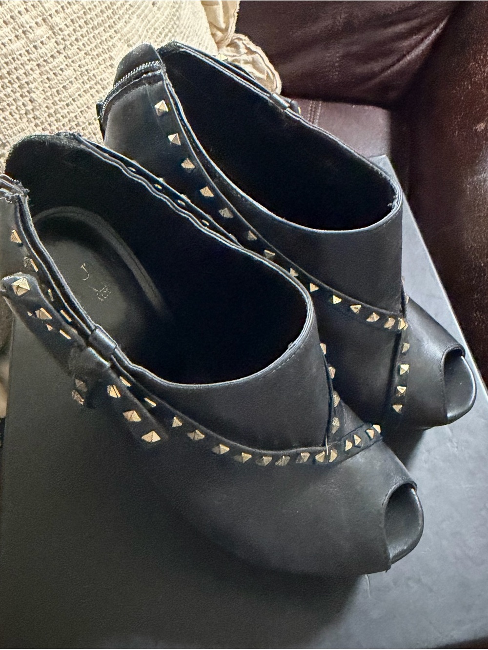Black Studded Peep-Toe Heels with Ankle Strap